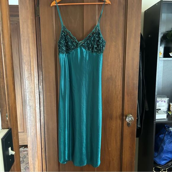 Vintage Slip Dress Maxi Silky Long Floral Mesh Rosette Emerald Green Size L - Picture 1 of 4